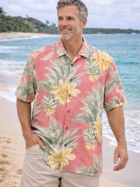 Tommy Bahama Silk Hawaiian Shirt XXL Pink Tropical Floral Camp Shirt